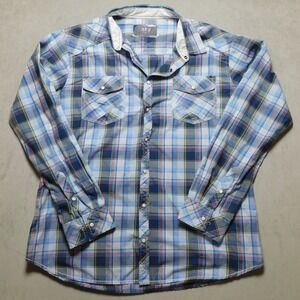 BKE Standard Fit Mens XXL Blue Yellow Plaid Western Pearl Snap Long Sleeve Shirt